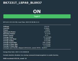 Screenshot displaying electrical energy measurements from the device BK7231T_LSPA9_BL0937, showing various voltage, current, and power values.