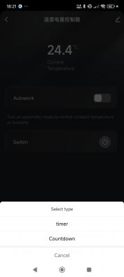Tuya app interface on TYTE-D1 showing current temperature 24.4°C, autowork settings, and options: timer, countdown.