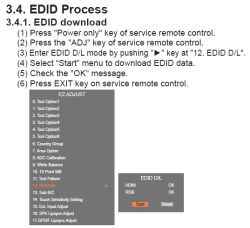 Instrukcja serwisowa monitora pokazująca menu EDID D/L z opcją Start i Reset.