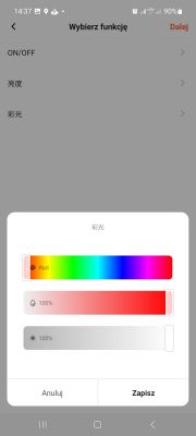 Tuya SmartLife app screen with light bulb settings, showing ON/OFF, brightness, and color options.