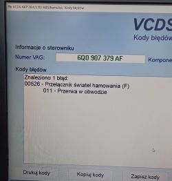 Ekran diagnostyczny VCDS z kodem błędu dla Seat Cordoba 2007.