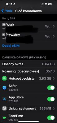 Zrzut ekranu ustawień danych komórkowych na telefonie iPhone