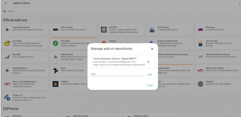Screenshot of the add-on repositories management panel in Home Assistant.