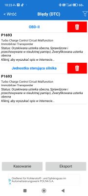 Screenshot of a diagnostic app showing error codes P1693 related to turbo charge control circuit and immobilizer.