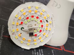 Close-up of LED Circuit Board in Moes 14W RGB C+W E27 Bulb Close-up of a circuit board with LEDs inside the Moes 14W RGB C+W E27 bulb.