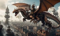 Mechanical Dragon Over Steampunk City Massive mechanical dragon flying over a steampunk city.