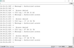 Displaying RFID UID and access status in Arduino serial monitor Arduino serial monitor showing RFID tag UIDs and access messages
