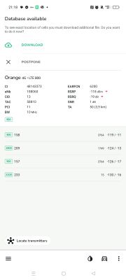 Zrzut ekranu przedstawiający szczegóły połączenia LTE 800 MHz sieci Orange, w tym siłę sygnału, parametry techniczne i dostępne pasma radiowe.