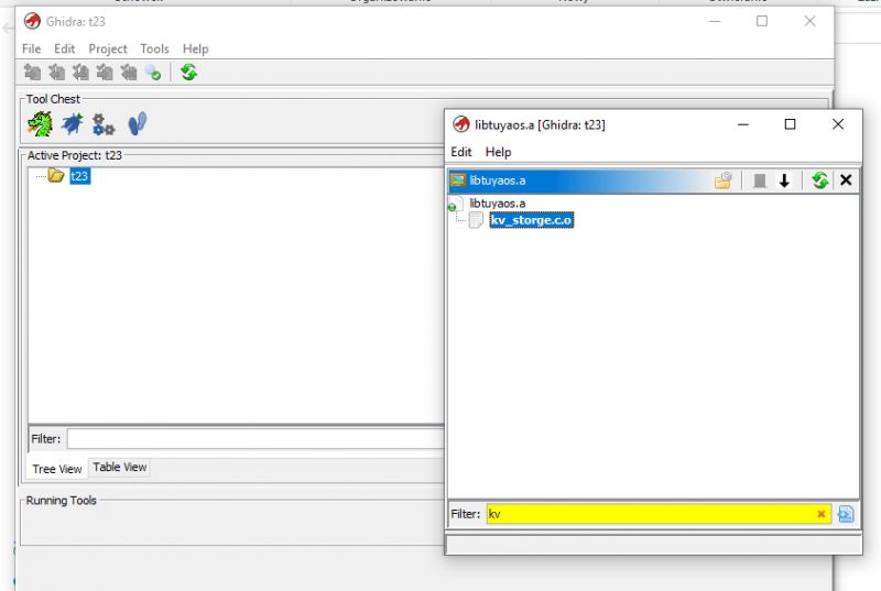 Screenshot of the Ghidra program with an open project named t23 and a file search window displayed.