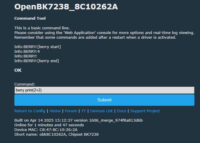 Command line tool window of OpenBK7238 with executed command.