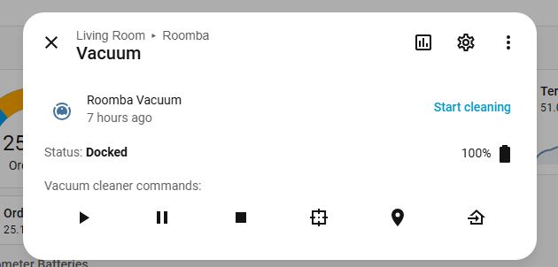 Home Assistant “Vacuum” card for Roomba showing Docked status, 100% battery, and control buttons