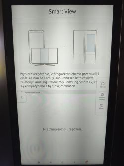 Ekran lodówki z aplikacją Smart View i komunikatem Nie znaleziono urządzeń
