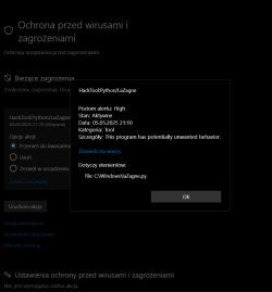 Okno programu Windows Defender pokazujące wykrycie zagrożenia HackToolython/LaZagne na komputerze.