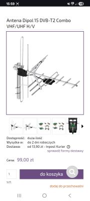 Zrzut ekranu oferty anteny „Antena Dipol 15 DVB‑T2 Combo VHF/UHF H/V” z ceną 99,00 zł