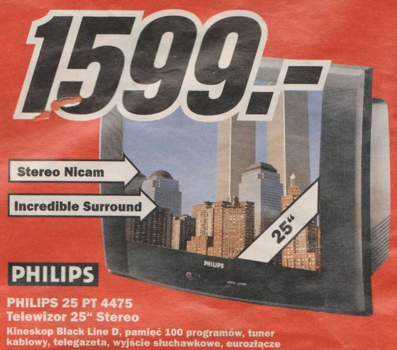 Telewizor Philips 25 PT 4475 z obrazem wież World Trade Center i ceną 1599 zł