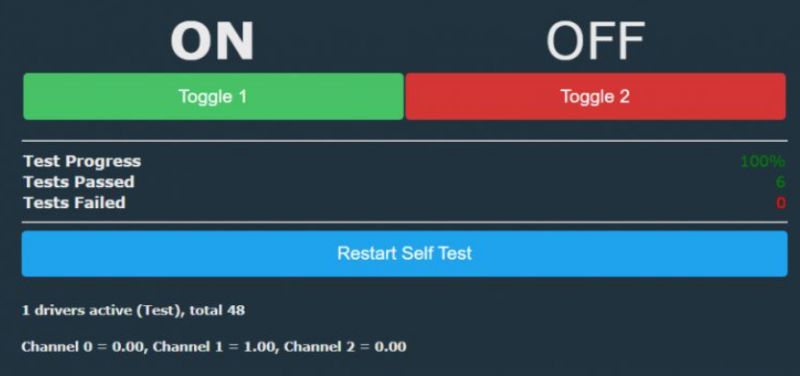 Test panel displaying switch states and test results.