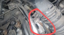 Silnik samochodu z zaznaczonym elementem w czerwonym okręgu.