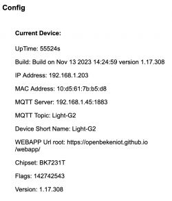 MQTT device configuration with IP address and software version.