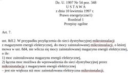 Zrzut ekranu z tekstem ustawy Prawo energetyczne, art. 7 ust. 8d12 o mikroinstalacji i magazynie energii
