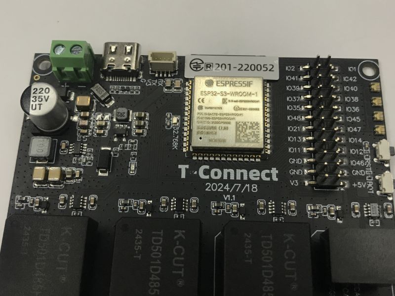 LilyGO T-Connect PCB with ESP32-S3-WROOM-1 module, USB-C port, and GPIO header pins