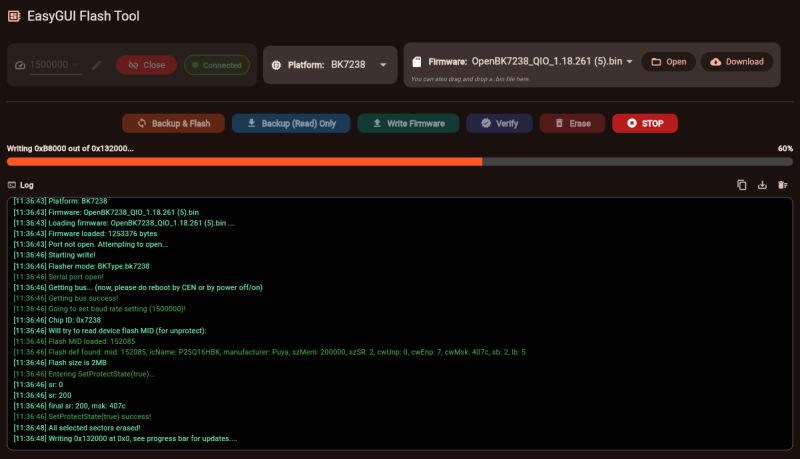 Screenshot of EasyGUI Flash Tool showing flashing progress bar and operation log