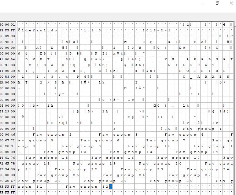 Hex editor screenshot showing defaultdb partition data of a TE 1050 HD tuner
