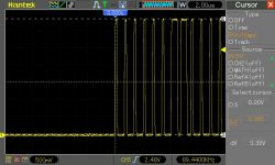 Voltage Waveforms on Hantek Oscilloscope Oscilloscope screen showing voltage waveforms.