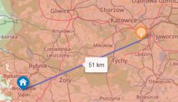 Mapa pokazująca odległość 51 km między Rybnik Wodzisław Śląski a nadajnikiem w pobliżu Jaworzna.