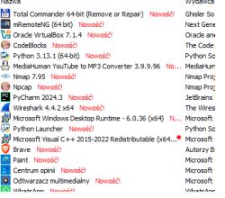 Lista zainstalowanych programów z oznaczeniem Nowość!.