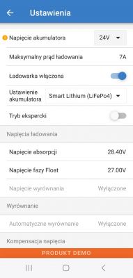 Zrzut ekranu przedstawiający ustawienia regulatora ładowania dla akumulatora litowego.