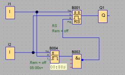 Schemat logiczny z blokami B001 (RS), B002 (AND), B004 (timer) i wejściami I1, I2