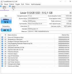 Zrzut ekranu z programu CrystalDiskInfo pokazujący parametry dysku Lexar 512GB SSD z temperaturą 48°C i stanem dobrym 78%.