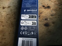 Side of the Gembird TSL-PS-F4U-01-W power strip box with technical information and recycling symbols.