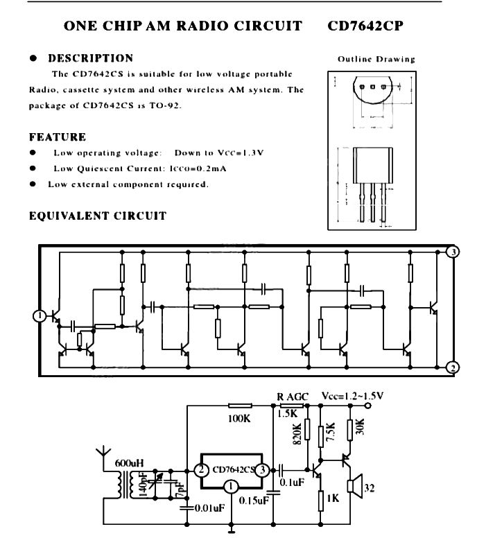 Schematic of the CD7642CP AM radio integrated circuit.