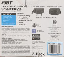 Packaging of Feit Electric Triple Outlet Outdoor Smart Plugs Packaging of Feit Electric Triple Outlet Outdoor Smart Plugs showing product information and instructions.