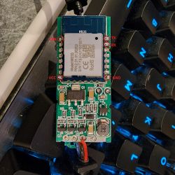 Image of a board with a WB3S module with marked pins CEN, TX, RX, VCC, and GND.