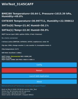 Screenshot of “WinTest_3145CAFF” status page with sensor readings and Config/Restart buttons