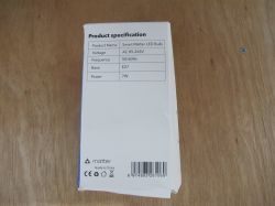 Packaging of a Smart Matter LED bulb showing product specifications.