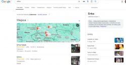 Zrzut ekranu z wynikami wyszukiwania Google dla hasła eNka, przedstawiający mapę z lokalizacjami i informacje o gatunku muzycznym Enka.