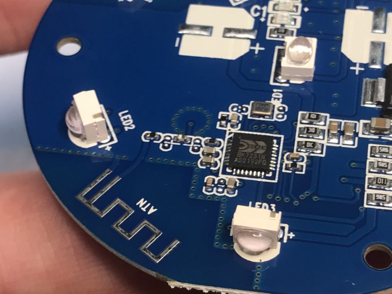 Close-up of PCB with BK7231N chip, IR LEDs, and PCB Wi-Fi antenna
