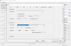 FirstChip MpTools settings window with scan and flash configuration options.