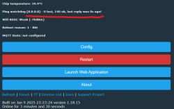 IoT device status panel showing ping connection info and weak Wi-Fi signal