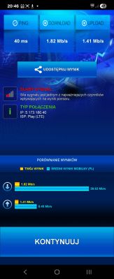 Zrzut ekranu z aplikacji SpeedTest pokazujący słaby sygnał sieci LTE Play