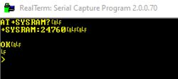 Screenshot of RealTerm program showing AT+SYSRAM command and response 24760.