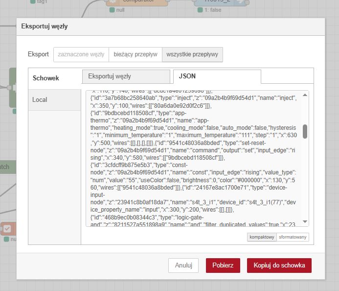 Exporting Nodes to JSON File in Editor A node export window in a software editor showing JSON code.