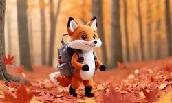 Fox with a Backpack in an Autumn Forest Plush fox with a backpack walking through an autumn forest