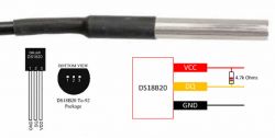Diagram for connecting the DS18B20 temperature sensor with a bottom view and housing assembly.