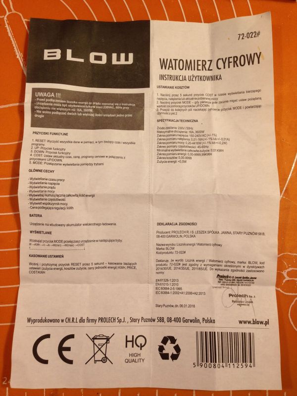 Instrukcja użytkownika watomierza cyfrowego Blow.