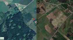Zdjęcie satelitarne obszaru z lasami i polami, z czerwoną pinezką wskazującą konkretne miejsce.