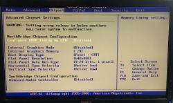 BIOS “Advanced Chipset Settings” screen showing graphics options and flat panel 640×480